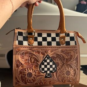 Hand-Tooled Leather Tote in Tan with Hand Painted Black & White Check